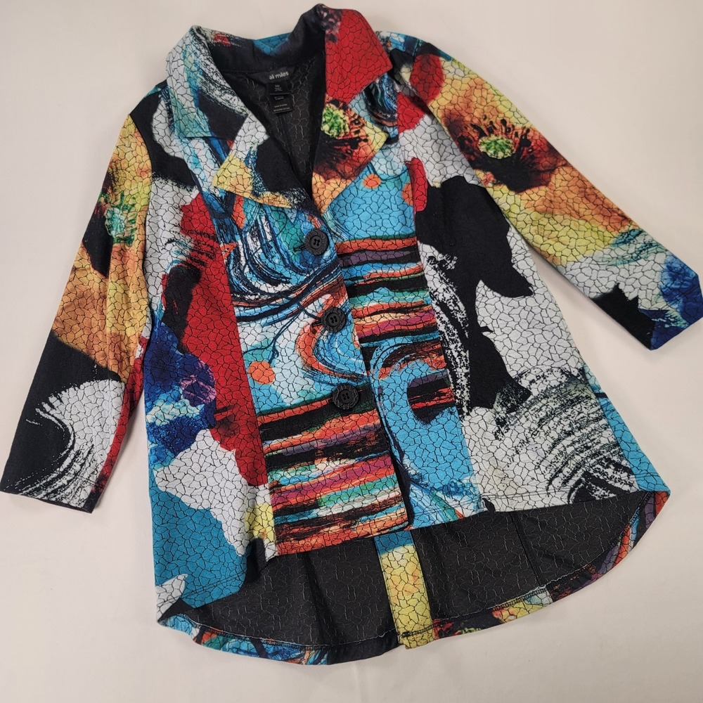 Ali Miles Petite Medium Abstract Art Print Jacket Blazer PM 3 Button Stretch